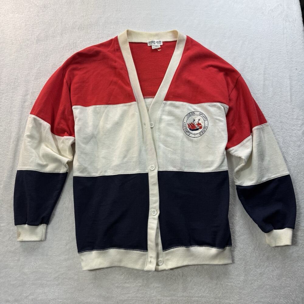 Vtg 90s Red White Blue Striped Cardigan Nautical Button Womens Medium Coastal